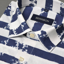 Load image into Gallery viewer, Close-up of a shirt with blue and white pattern and 'BERRIBON' label.